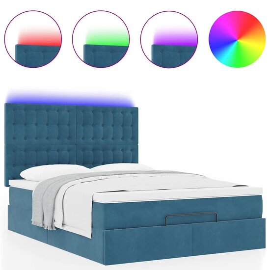 Ottoman Bed Met Matrassen En Led&#039;s 140X200Cm Fluweel 140 x 200 cm Donkerblauw