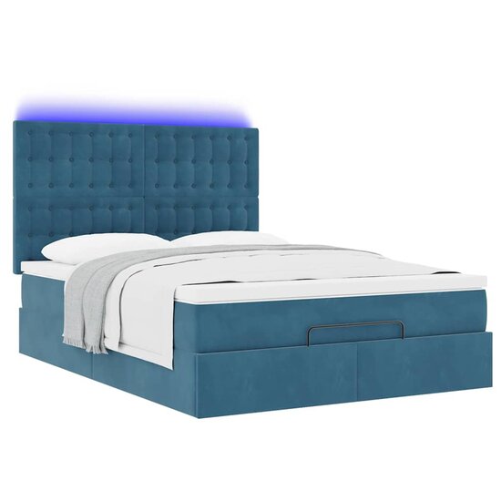 Ottoman Bed Met Matrassen En Led&#039;s 140X200Cm Fluweel 140 x 200 cm Donkerblauw
