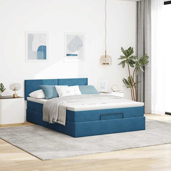 Ottoman Bed Met Matras 140X200Cm Fluweel 140 x 200 cm Donkerblauw
