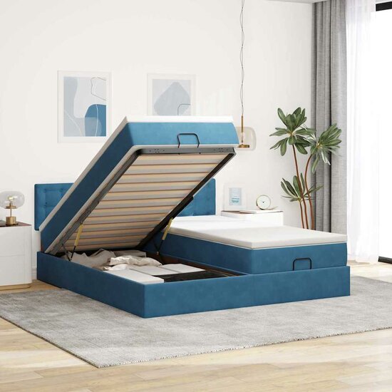 Ottoman Bed Met Matrassen En Led&#039;s 160X200Cm Fluweel 160 x 200 cm Donkerblauw