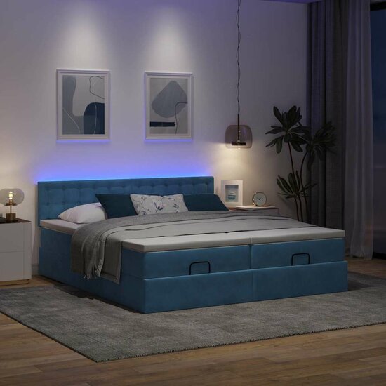 Ottoman Bed Met Matrassen En Led&#039;s 160X200Cm Fluweel 160 x 200 cm Donkerblauw