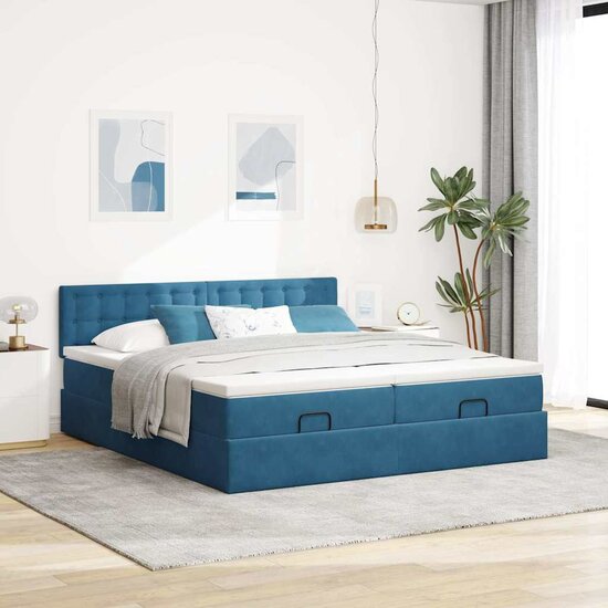 Ottoman Bed Met Matrassen En Led&#039;s 160X200Cm Fluweel 160 x 200 cm Donkerblauw