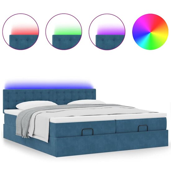 Ottoman Bed Met Matrassen En Led&#039;s 160X200Cm Fluweel 160 x 200 cm Donkerblauw