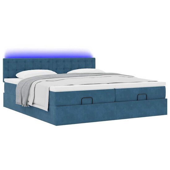 Ottoman Bed Met Matrassen En Led&#039;s 160X200Cm Fluweel 160 x 200 cm Donkerblauw