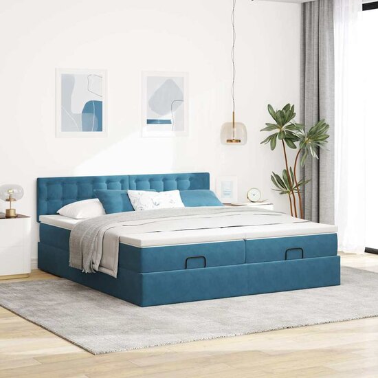 Ottoman Bed Met Matrassen 160X200Cm Fluweel 160 x 200 cm Donkerblauw