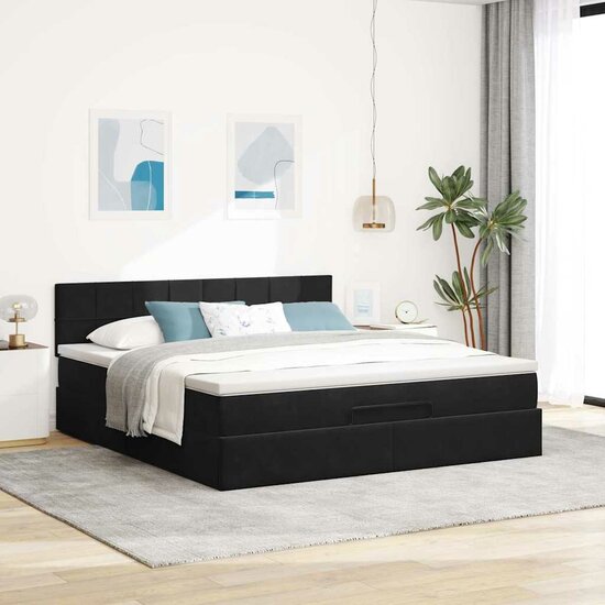 Ottoman Bed Met Matras 180X200Cm Fluweel 180 x 200 cm Zwart