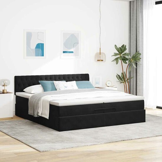 Ottoman Bed Met Matras Fluweel 200 x 200 cm Zwart