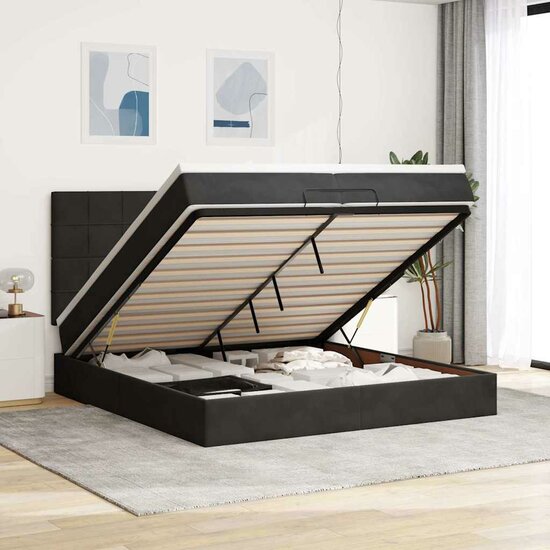 Ottoman Bed Met Matrassen En Led&#039;s 200X200Cm Fluweel 200 x 200 cm Zwart