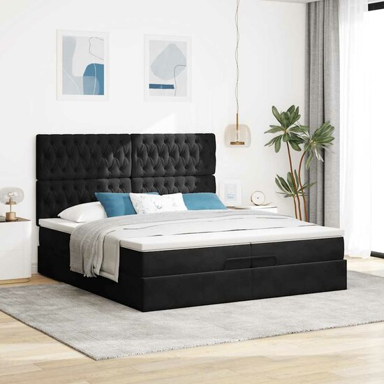 Ottoman Bed Met Matrassen En Led&#039;s 200X200Cm Fluweel 200 x 200 cm Zwart