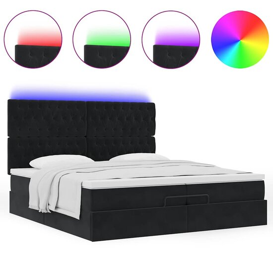 Ottoman Bed Met Matrassen En Led&#039;s 200X200Cm Fluweel 200 x 200 cm Zwart