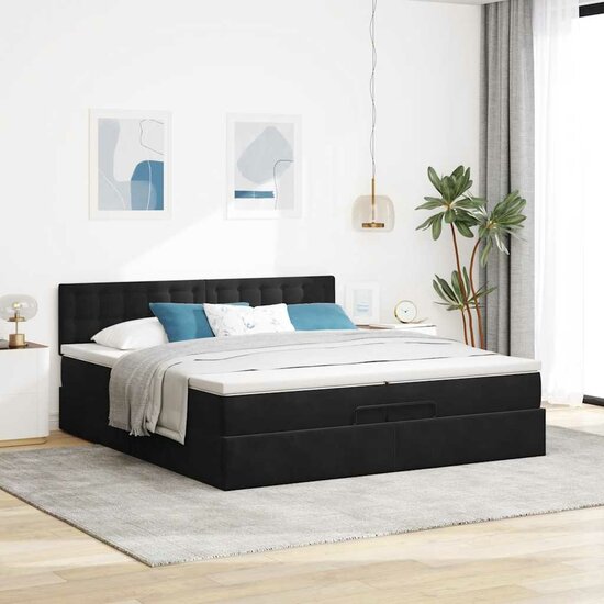 Ottoman Bed Met Matrassen En Led&#039;s 200X200Cm Fluweel 200 x 200 cm Zwart
