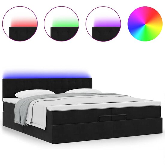Ottoman Bed Met Matrassen En Led&#039;s 200X200Cm Fluweel 200 x 200 cm Zwart