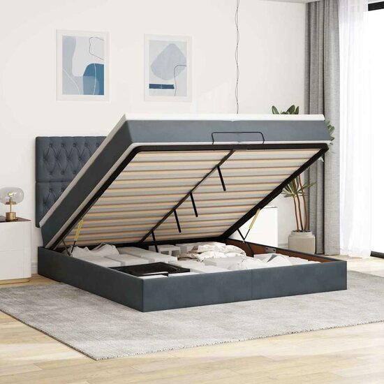 Ottoman Bed Met Matrassen En Led&#039;s 200X200Cm Fluweel 200 x 200 cm Donkergrijs