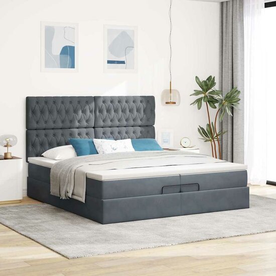 Ottoman Bed Met Matrassen En Led&#039;s 200X200Cm Fluweel 200 x 200 cm Donkergrijs