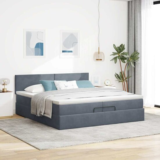 Ottoman Bed Met Matrassen En Led&#039;s 200X200Cm Fluweel 200 x 200 cm Donkergrijs