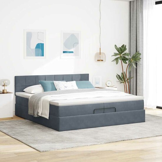 Ottoman Bed Met Matrassen En Led&#039;s 200X200Cm Fluweel 200 x 200 cm Donkergrijs