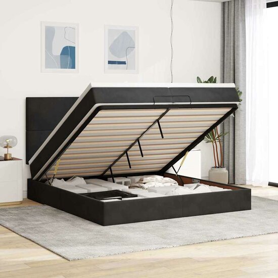 Ottoman Bed Met Matrassen En Led&#039;s 200X200Cm Fluweel 200 x 200 cm Zwart