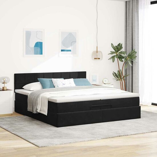 Ottoman Bed Met Matras Fluweel 200 x 200 cm Zwart