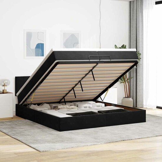 Ottoman Bed Met Matrassen En Led&#039;s 200X200Cm Fluweel 200 x 200 cm Zwart