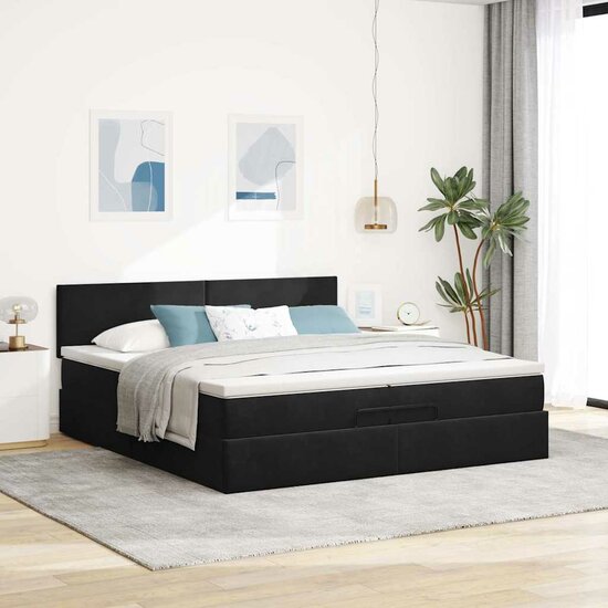 Ottoman Bed Met Matrassen En Led&#039;s 200X200Cm Fluweel 200 x 200 cm Zwart