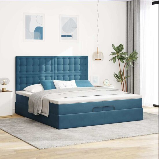 Ottoman Bed Met Matrassen 200X200Cm Fluweel 200 x 200 cm Donkerblauw