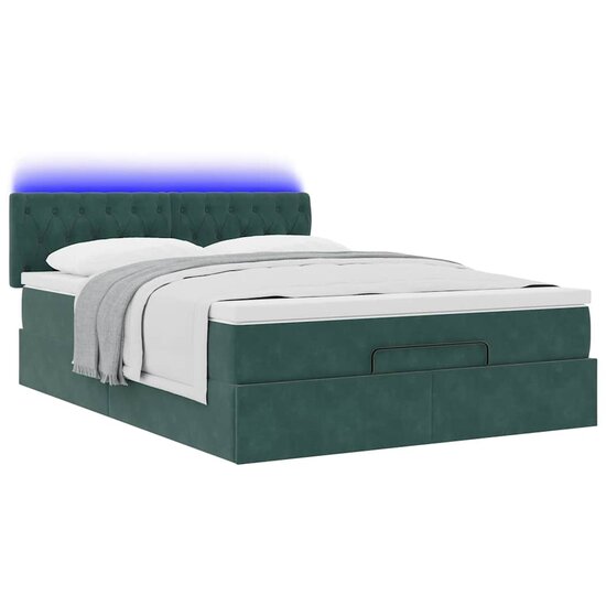 Ottoman Bed Met Matras En Led&#039;s 140X190Cm Fluweel 140 x 190 cm Donkergroen