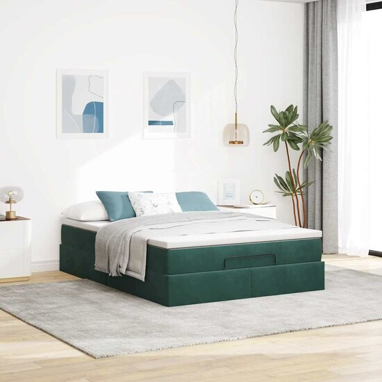 Ottoman Bed Met Matras 140X190Cm Fluweel 140 x 190 cm Donkergroen