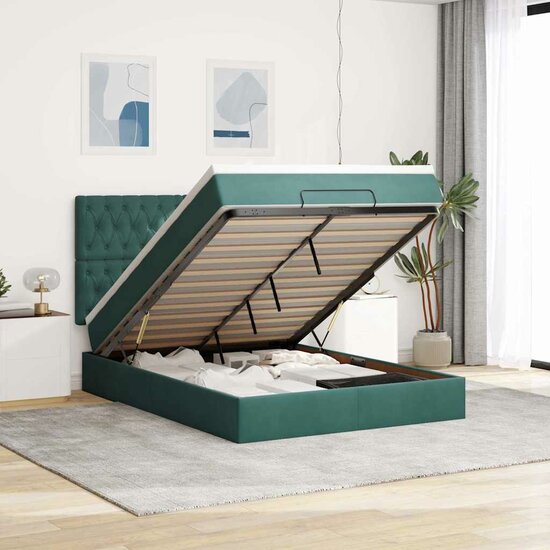 Ottoman Bed Met Matrassen En Led&#039;s 140X190Cm Fluweel 140 x 190 cm Donkergroen