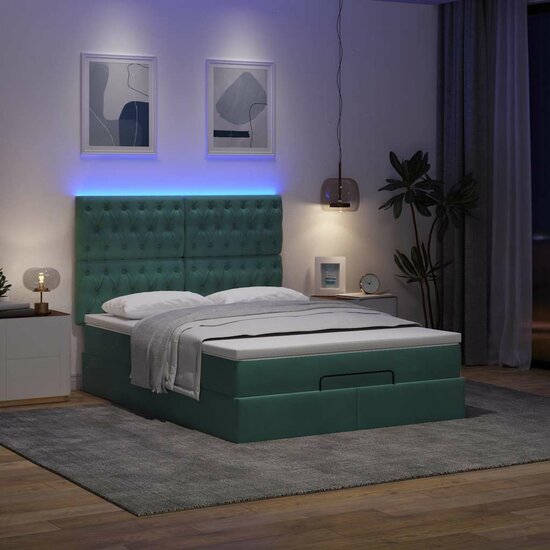 Ottoman Bed Met Matrassen En Led&#039;s 140X190Cm Fluweel 140 x 190 cm Donkergroen