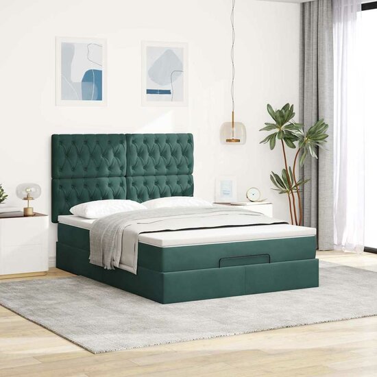 Ottoman Bed Met Matrassen En Led&#039;s 140X190Cm Fluweel 140 x 190 cm Donkergroen