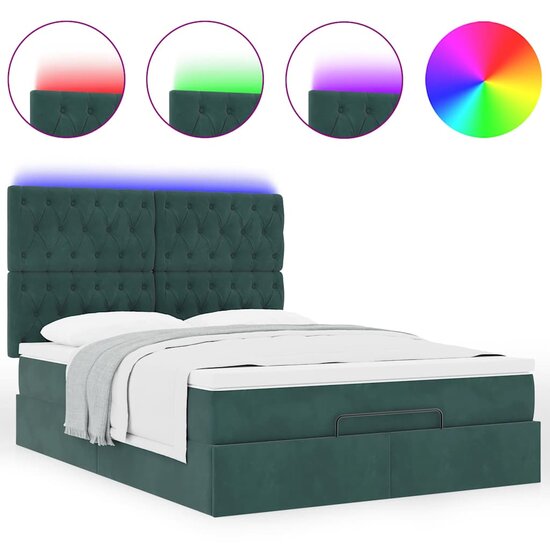 Ottoman Bed Met Matrassen En Led&#039;s 140X190Cm Fluweel 140 x 190 cm Donkergroen