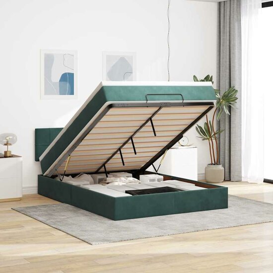 Ottoman bed met matras en LED&#039;s 140x190cm fluweel donkergroen