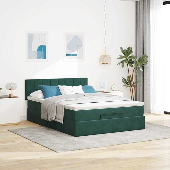 Ottoman bed met matras en LED&#039;s 140x190cm fluweel donkergroen