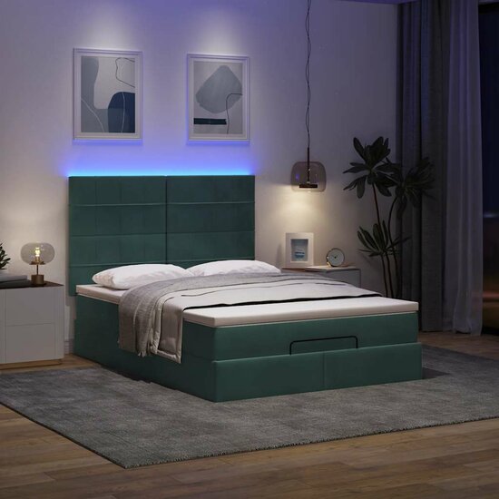 Ottoman Bed Met Matrassen En Led&#039;s 140X190Cm Fluweel 140 x 190 cm Donkergroen
