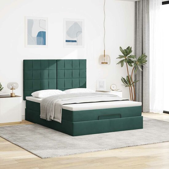 Ottoman Bed Met Matrassen En Led&#039;s 140X190Cm Fluweel 140 x 190 cm Donkergroen