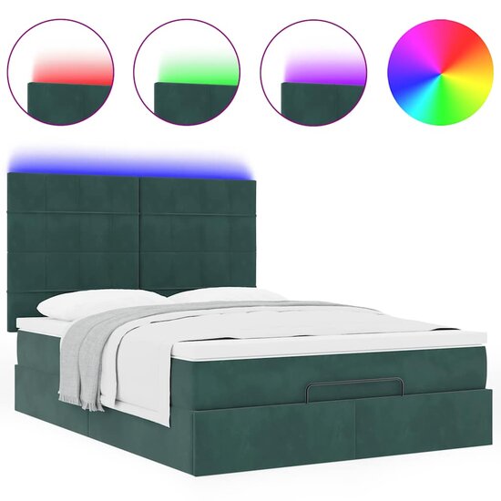 Ottoman Bed Met Matrassen En Led&#039;s 140X190Cm Fluweel 140 x 190 cm Donkergroen