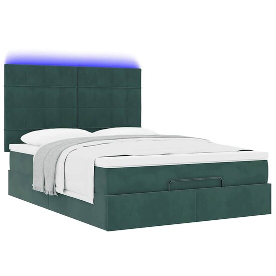 Ottoman Bed Met Matrassen En Led&#039;s 140X190Cm Fluweel 140 x 190 cm Donkergroen