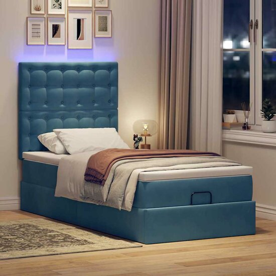 Ottoman Bed Met Matrassen En Led&#039;s 80X200Cm Fluweel 80 x 200 cm Donkerblauw