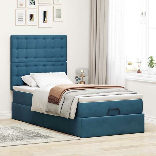 Ottoman Bed Met Matrassen En Led&#039;s 80X200Cm Fluweel 80 x 200 cm Donkerblauw