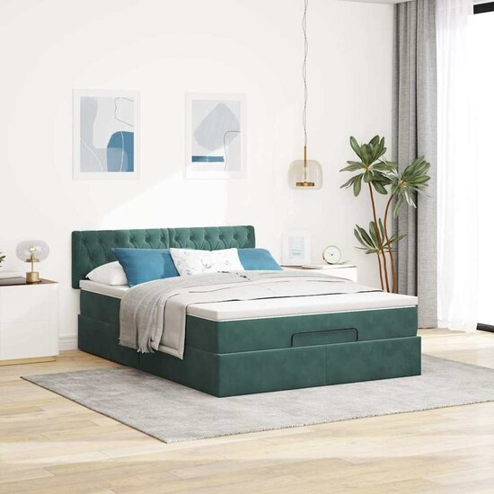 Ottoman Bed Met Matras 140X190Cm Fluweel 140 x 190 cm Donkergroen
