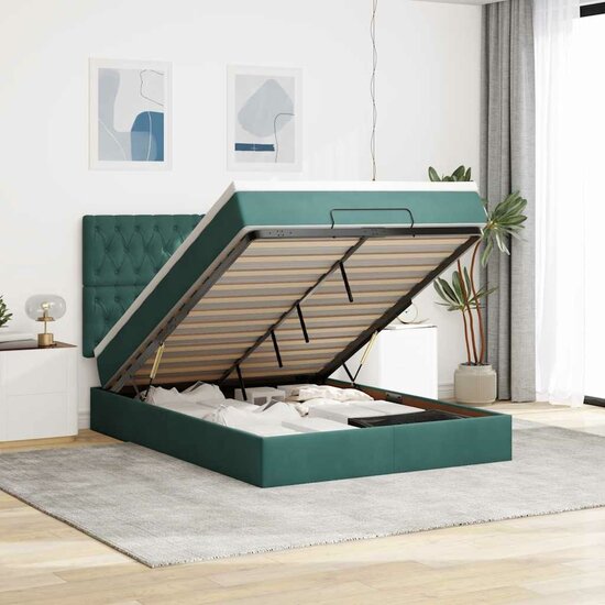 Ottoman Bed Met Matrassen 140X190Cm Fluweel 140 x 190 cm Donkergroen