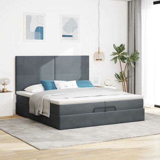 Ottoman Bed Met Matrassen En Led&#039;s 200X200Cm Fluweel 200 x 200 cm Donkergrijs