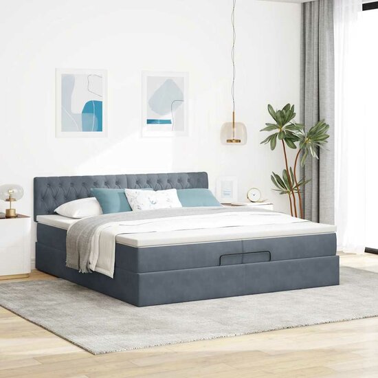 Ottoman Bed Met Matrassen En Led&#039;s 200X200Cm Fluweel 200 x 200 cm Donkergrijs