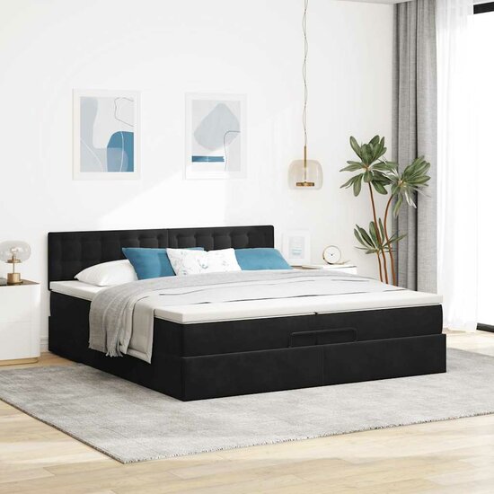 Ottoman Bed Met Matras Fluweel 200 x 200 cm Zwart