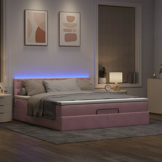 Ottoman Bed Met Matras En Led&#039;s 160X200Cm Fluweel 160 x 200 cm Roze