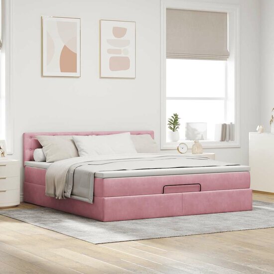 Ottoman Bed Met Matras En Led&#039;s 160X200Cm Fluweel 160 x 200 cm Roze
