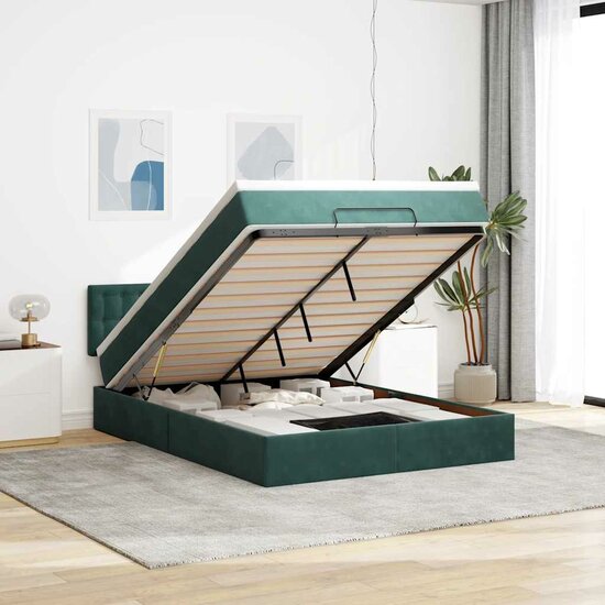 Ottoman Bed Met Matras En Led&#039;s 140X190Cm Fluweel 140 x 190 cm Donkergroen