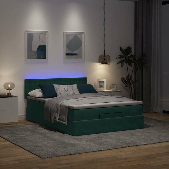 Ottoman Bed Met Matras En Led&#039;s 140X190Cm Fluweel 140 x 190 cm Donkergroen