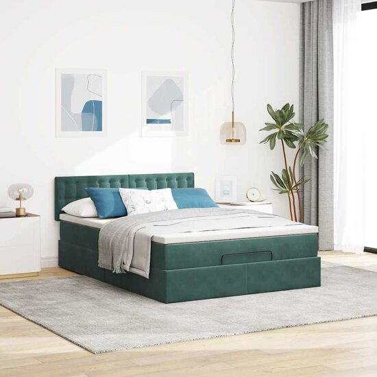 Ottoman Bed Met Matras En Led&#039;s 140X190Cm Fluweel 140 x 190 cm Donkergroen