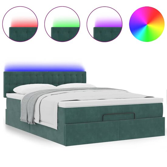Ottoman Bed Met Matras En Led&#039;s 140X190Cm Fluweel 140 x 190 cm Donkergroen
